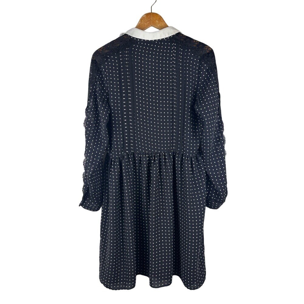 The Kooples Medium Black and White Polka Dot Pleated Collared Dress Lace Teacher - Picture 9 of 13
